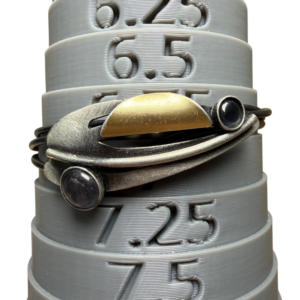 Poly Silver Gold Tone Black Cabochon Multi Strand Bracelet Modernist Sculptural